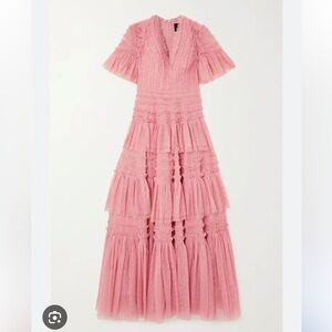 Needle & Thread Clarabelle Pink Ruffle Tiered Maxi Gown US 8 V-Neck Short Sleeve